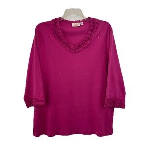 Quacker Factory Pink Rhinestone T-Shirt Womens 2XL 3/4 Sleeve Cotton Ruffle NWOT